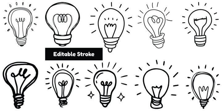 Minimalist Black Outline Lightbulb Sketch and Innovation Concept Doodle Collection - Editable Stroke.