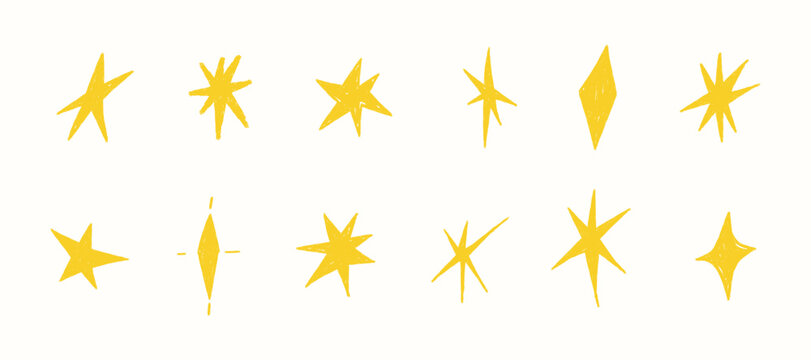 Hand drawn crayon stars in pastel style. Cute sparkle icons for kids party designs, Christmas cards, scrapbooking, birthday backgrounds, festive sticker collections. Doodle isolated vector illustratio