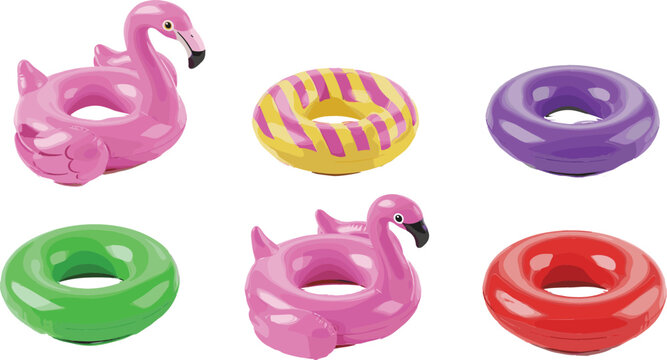 Inflatable Swim Ring and Pink Flamingo Pool Float Set with Colorful Beach Drink Coaster Holders for Summer Pool Party Vacation Vector Design