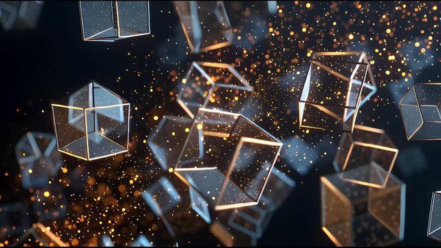 Abstract 3D glass cubes with glowing particles on dark background