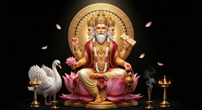 Four faced Hindu deity Brahma sits cross legged on a pink lotus flower holding prayer beads and a book with a white swan nearby