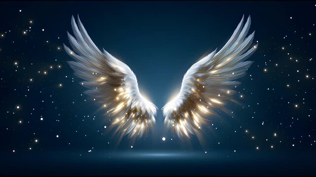 Glowing angel wings with sparkling lights on dark background