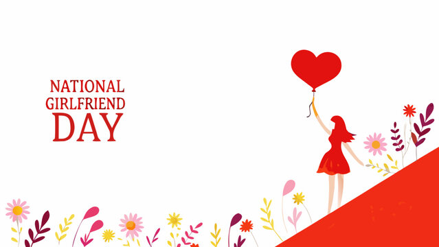 National girlfriend day greeting card design with a girl holding a red heartshaped balloon and floral elements