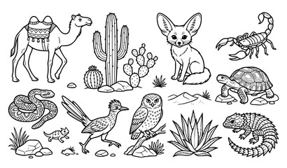 Naklejka premium Desert Safari Creatures Coloring Page Vector Bundle with Camel Cactus and Scorpion