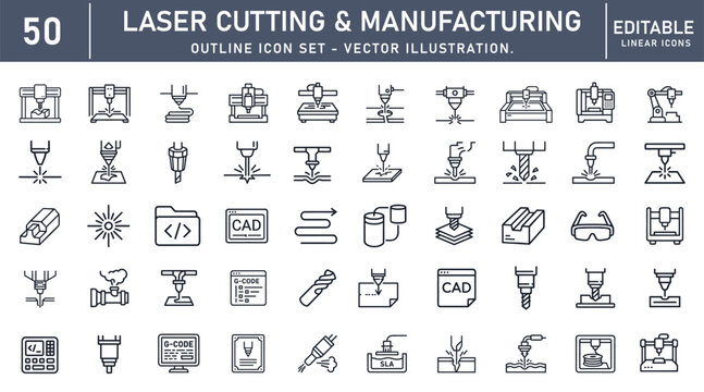 Laser Cutting icon set. Industrial production related line icons: laser cutter, CNC machine, metal fabrication, welding process, engineering tools, factory equipment and more. Editable stroke vector 