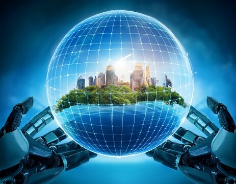 climate resilience natural disasters adaptation a futuristic city encapsulated in a glowing orb held delicately by robotic hands