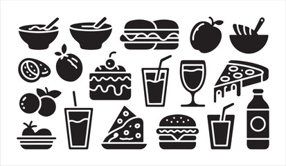 Obraz premium Set of minimalist black food and beverage icons isolated on a clean white background theme.