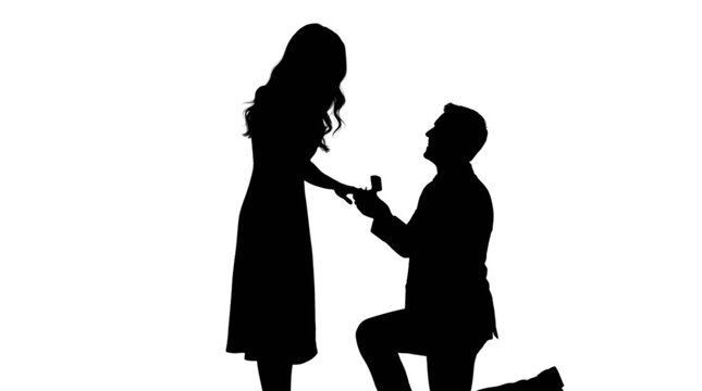 Man proposing to woman with ring silhouette isolated on transparent background, Vector