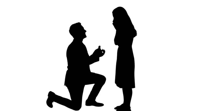 Man proposing to woman with ring silhouette isolated on transparent background, Vector