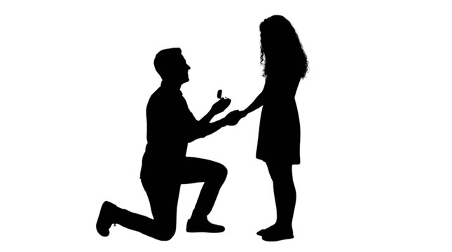 Man proposing to woman with ring silhouette isolated on transparent background, Vector