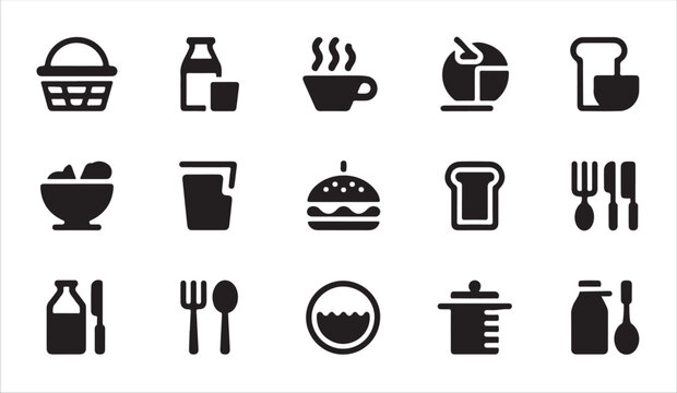 Breakfast and food icons featuring burger bread coffee basket and cutlery set silhouettes.