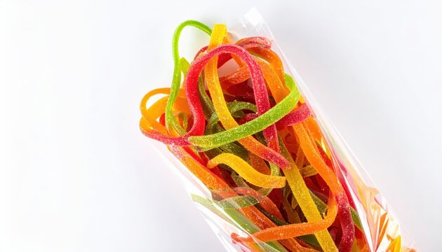 A delightful tangle of assorted fruit-flavored sour candy straps in a clear plastic package, showcasing vibrant colors and playful textures.