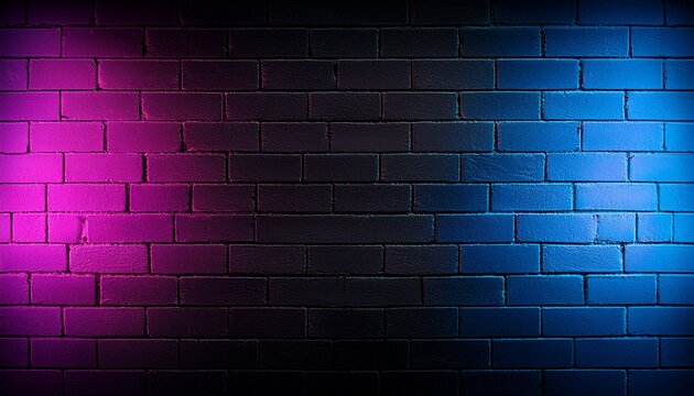 black brick wall background with neon lighting effect pink purple and blue glowing lights on empty brick wall background