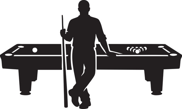 Billiard Player Silhouette: A stylized silhouette of a man holding a cue stick leans against a billiard table laden with balls, poised for a game.
