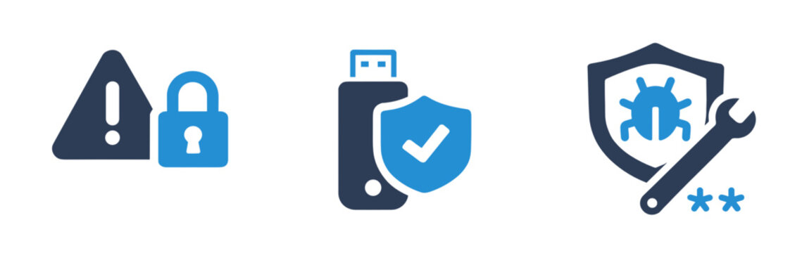 Blue icon set of three: alert lock warning, phone with security shield, and bug with repair wrench. Covers threat alerts, mobile security and malware removal concepts.