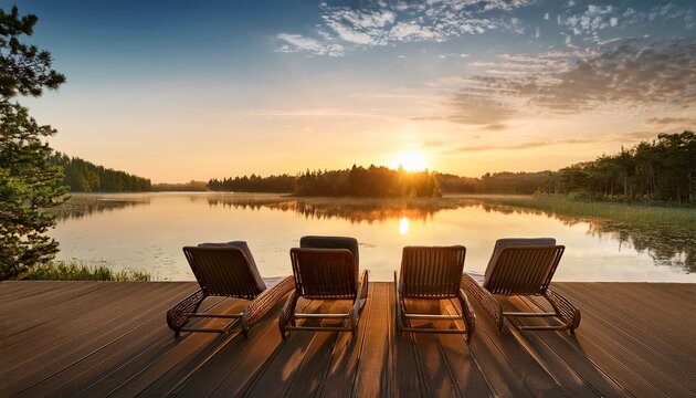lakeview villa with sunrise in background deck chairs relaxing calm feel