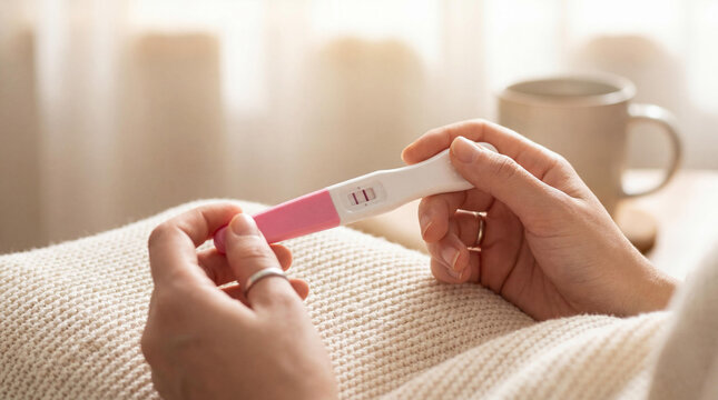  Excited woman's hands with a positive pregnancy test, confirming pregnancy and new life with hopeful joy
