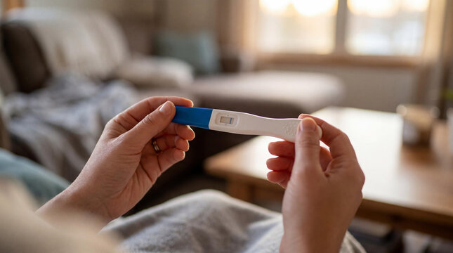 Woman holds a negative pregnancy test result, experiencing disappointment. Reflecting on fertility and family planning at home