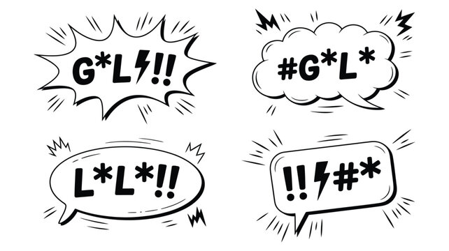 Hand drawn comic speech bubbles censored swear symbols expressive dialogue pop art style vector illustration set.
