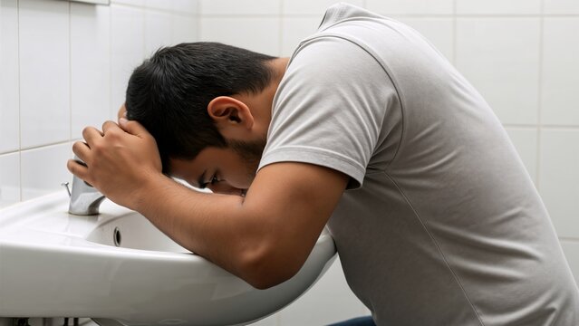 Indian man leaning over bathroom sink suffering from nausea and vomiting. Food poisoning and stomach flu illness symptoms banner with copy space