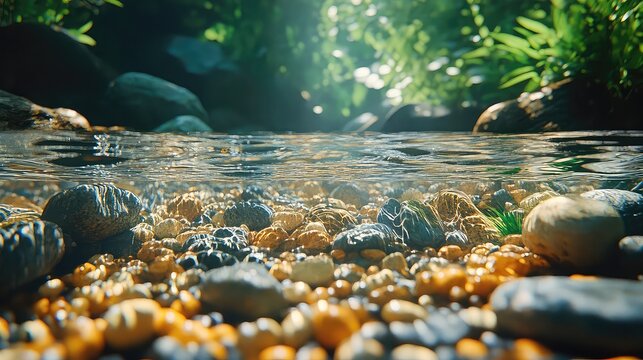 Pebbles beneath clear stream with water distortion rock clarity and peaceful tone perfect for calm zen or nature visuals