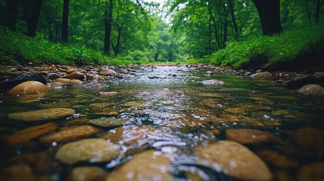 Pebbles beneath clear stream with water distortion rock clarity and peaceful tone perfect for calm zen or nature visuals