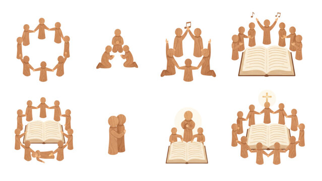 Christian church community prayer group vector isometric icon set people worshipping reading bible bible study cross religion illustration