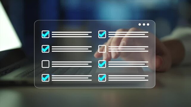 Business person doing online data documentation checklist survey. Productivity checklist and filling survey form online. Fast checklist,clipboard task business management.