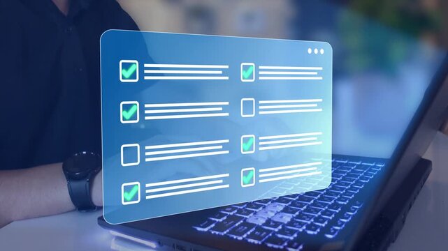 Business person doing online data documentation checklist survey. Productivity checklist and filling survey form online. Fast checklist,clipboard task business management.