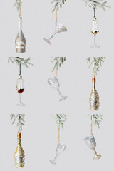 Obraz premium Minimal creative aesthetic photo of toy bottles and wine glasses of sparkling drinks hanging on snow fir branches on neutral fon. Concept of surrealism, celebration, winter holidays festive xmas drink