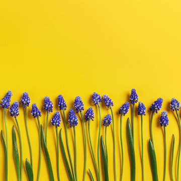 Minimal spring composition of fresh blue flowers on vibrant yellow background. Elegant stems and small blooms as creative aesthetic. Bright floral concept of freshness, optimism, energy of springtime.