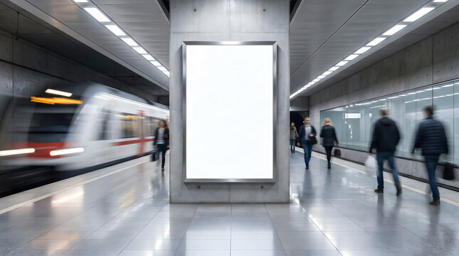 Blank vertical advertising billboard mockup in modern subway station with moving train and commuters