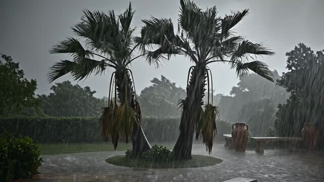 Dramatic Tropical Storm with Heavy Rain Pouring Over Palm Trees in a Garden Patio, Ideal for Weather Reports and Climate Change Documentaries.