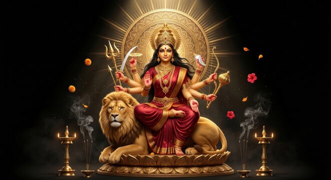 Goddess Durga seated on a lion holding with golden halo and floral accents vahana hindu