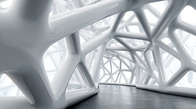 Abstract 3D geometric skeleton structure in monochrome minimalist architectural interior