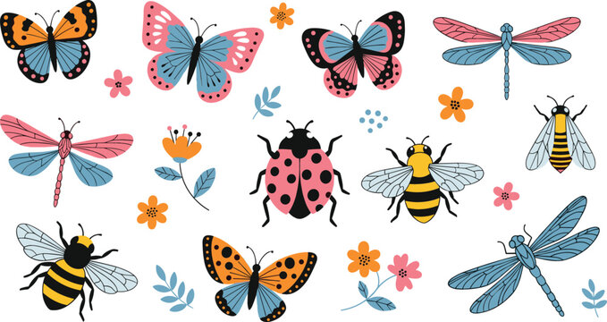 Cute Hand Drawn Insect and Bug Set featuring Colorful Butterflies Dragonflies Honey Bees Ladybug and Spring Floral Elements Vector Illustration Collection