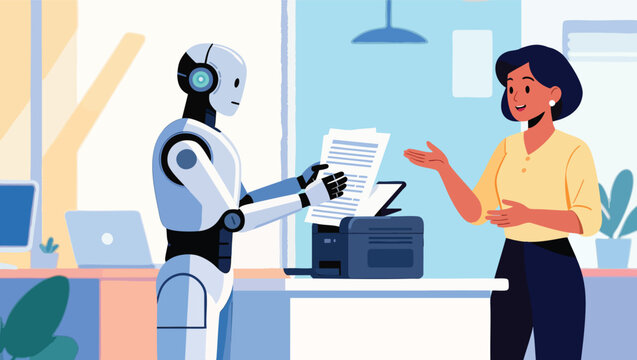 Robot handing documents to woman at printer in modern office environment.