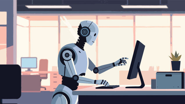 Robot typing on a keyboard in front of a computer monitor in an office.
