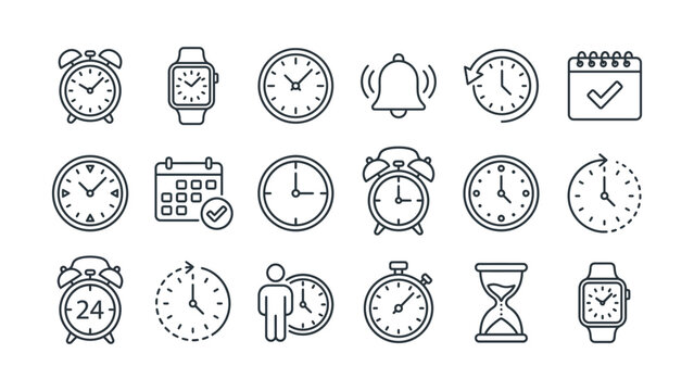 Collection of various clock and calendar icons for time management and scheduling purposes in a simple line style