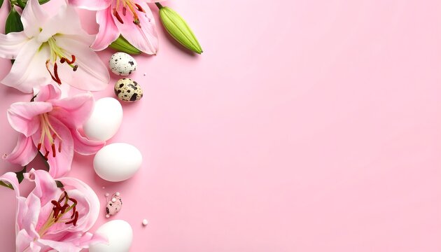 Delicate pink lilies, quail eggs, and white chicken eggs are arranged on a soft pink background