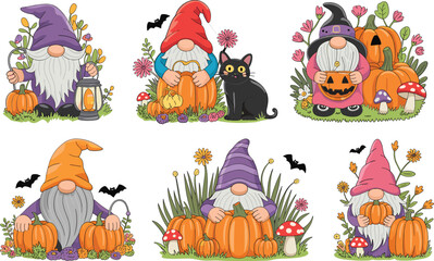 Naklejka premium Whimsical halloween gnomes with pumpkins, black cats and autumn flowers for theme
