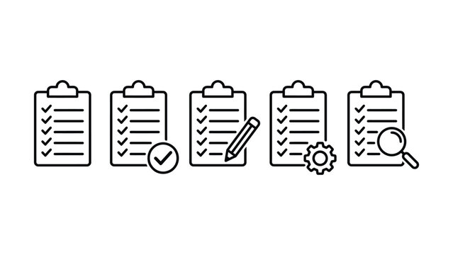 Five clipboard icons with checkmarks and tools for business management and organization on white background
