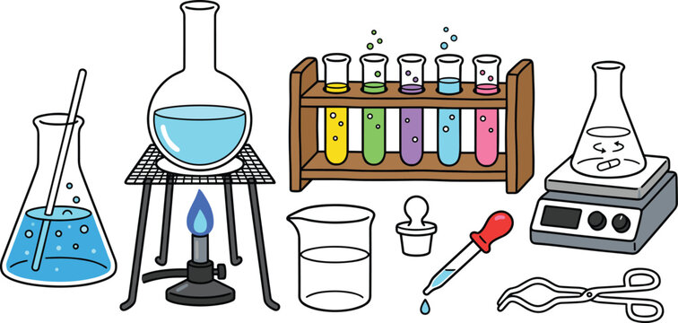 Chemistry science laboratory experiment equipment doodle vector set featuring glass flasks erlenmeyer bunsen burner tripod test tubes wooden rack dropper and stirrer