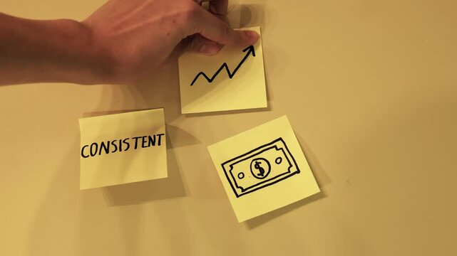 Creative hand placing a sticky note with a rising arrow chart on a wall, visualizing how consistent effort leads to financial gain, profit, and business success over time