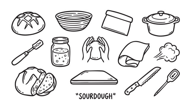 Sourdough bread baking set featuring kitchen tools for artisan loaf preparation and professional dough fermentation process icons.