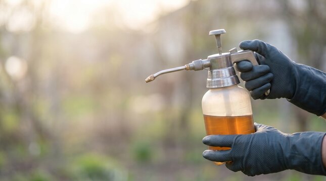 Person holding a glass bottle sprayer with liquid outdoors in sunlight, Protective gloves holding insecticide sprayer  