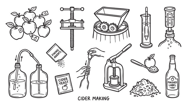 Vector illustrations of cider making process, from apples to finished beverage.