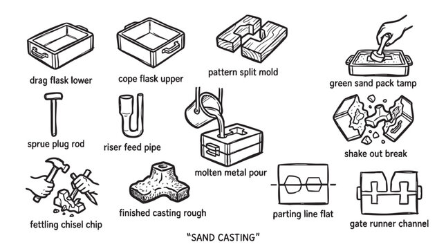 Industrial sand casting process diagram with hand drawn metalwork equipment and foundry tools on white background.