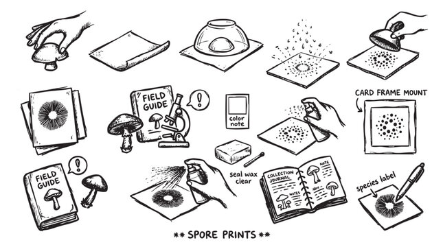 Mushroom spore printing guide illustration with mycologist tools and scientific identification field equipment.