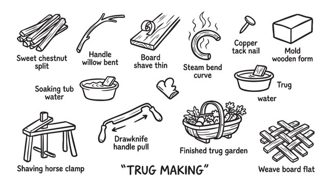 Traditional trug making craft showing sweet chestnut split and willow handle woodworking techniques and tools.